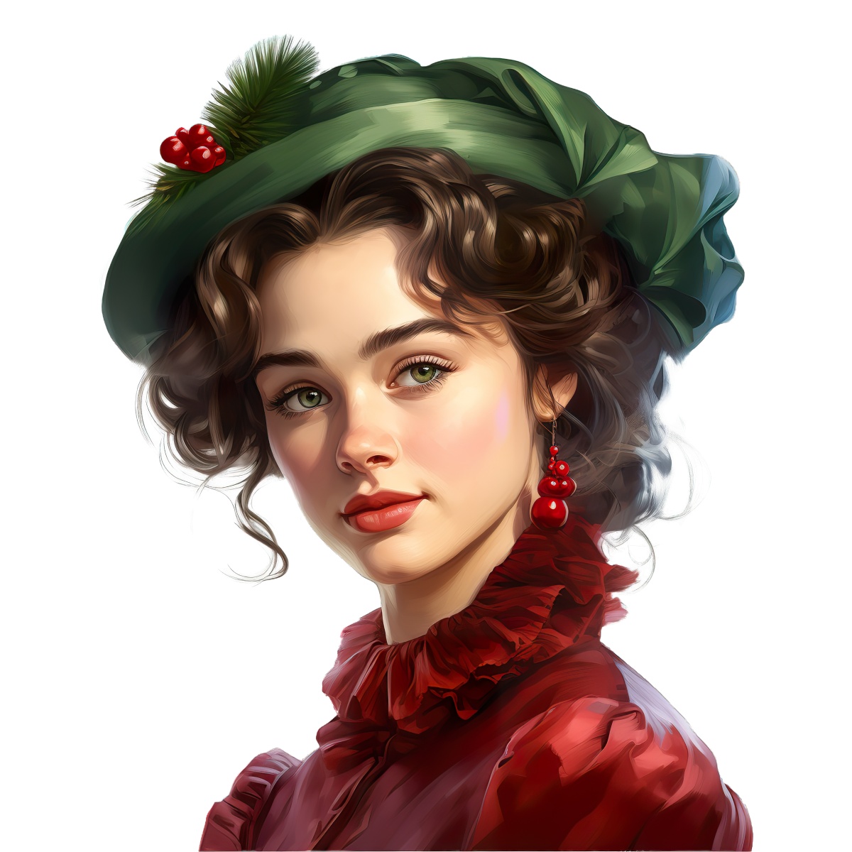 Portrait of a woman in a green hat and red dress, wearing berry earrings.