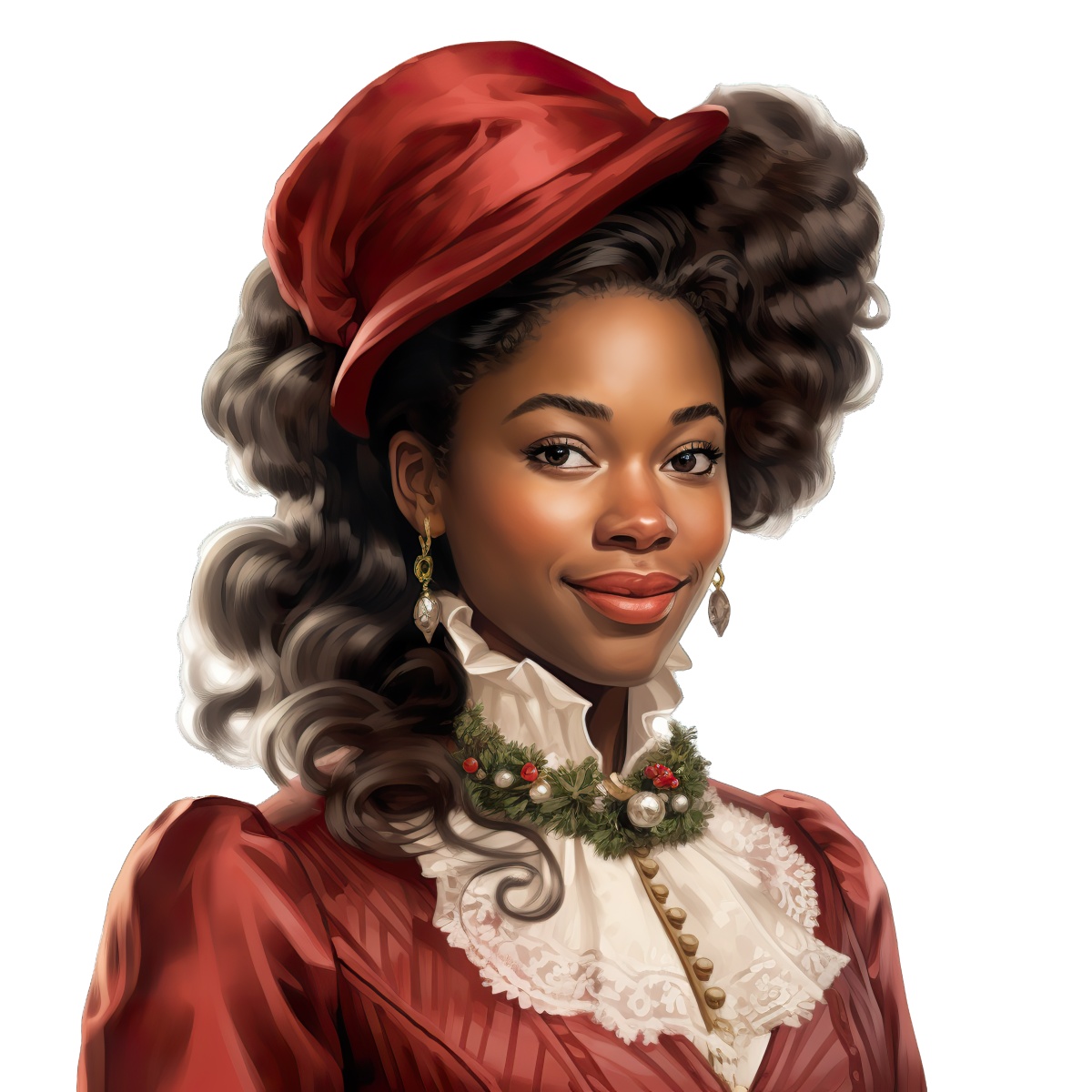 Woman in red historical dress and hat, wearing festive necklace.