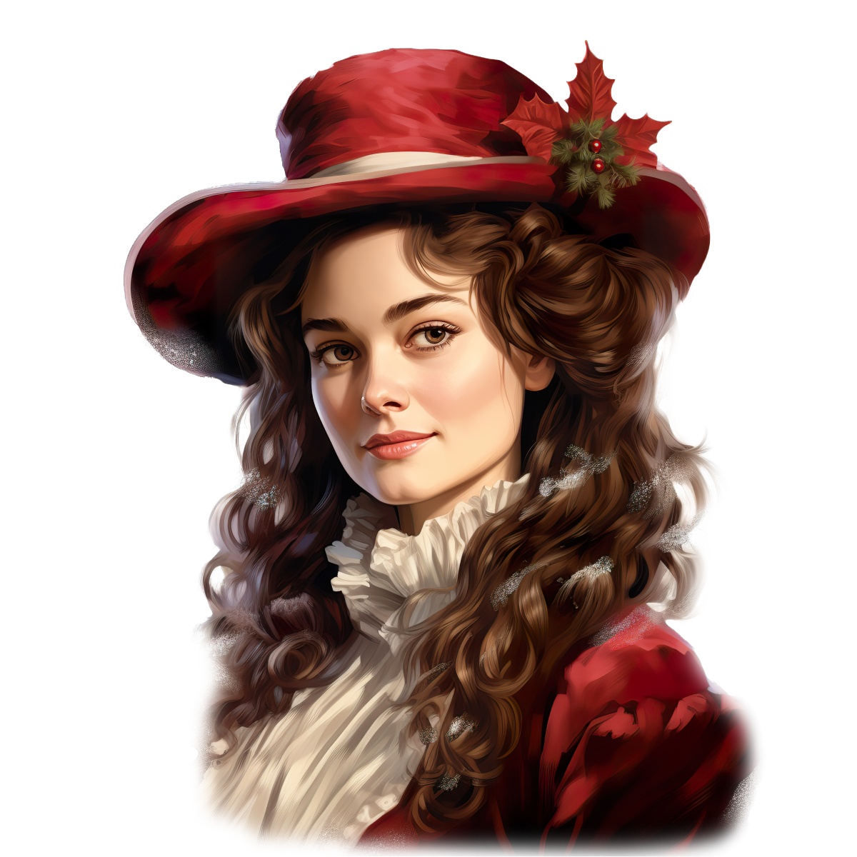 Woman wearing a red Christmas hat decorated with holly leaves and berries.