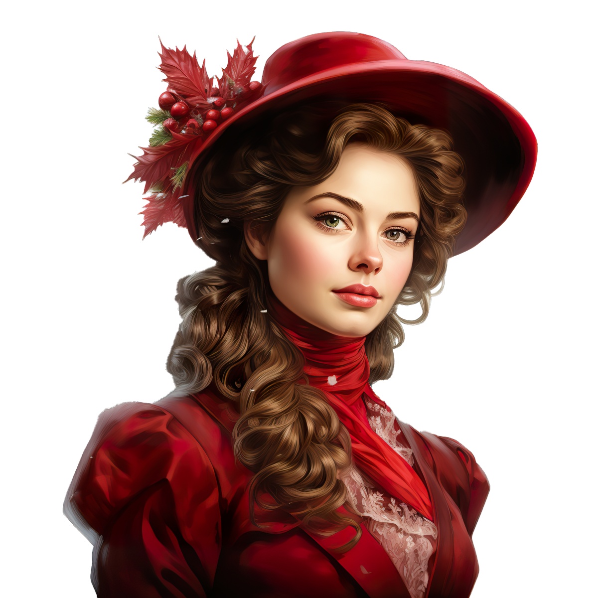 Portrait of a woman in a red dress and hat with festive decorations.