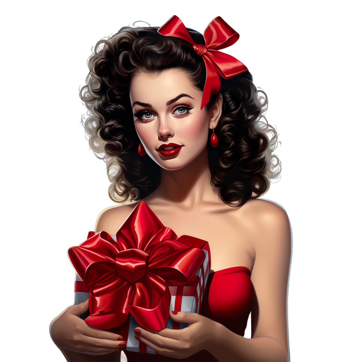 Woman with curly hair in red dress holding a large gift box.
