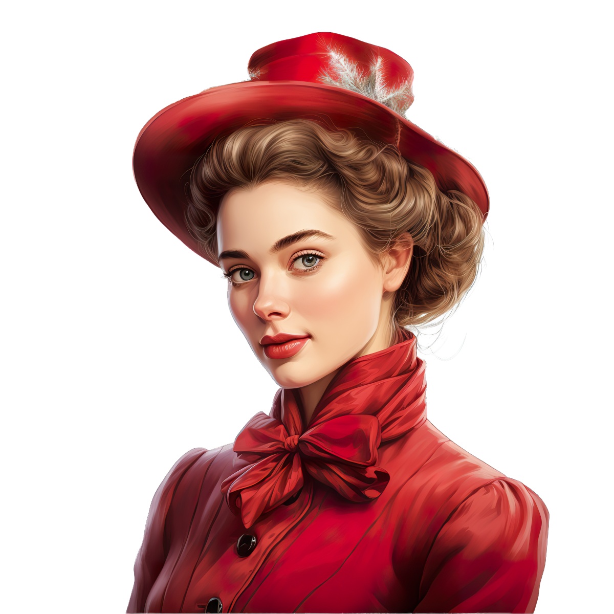 Woman in a red hat with feather, wearing matching red outfit, portrait style.
