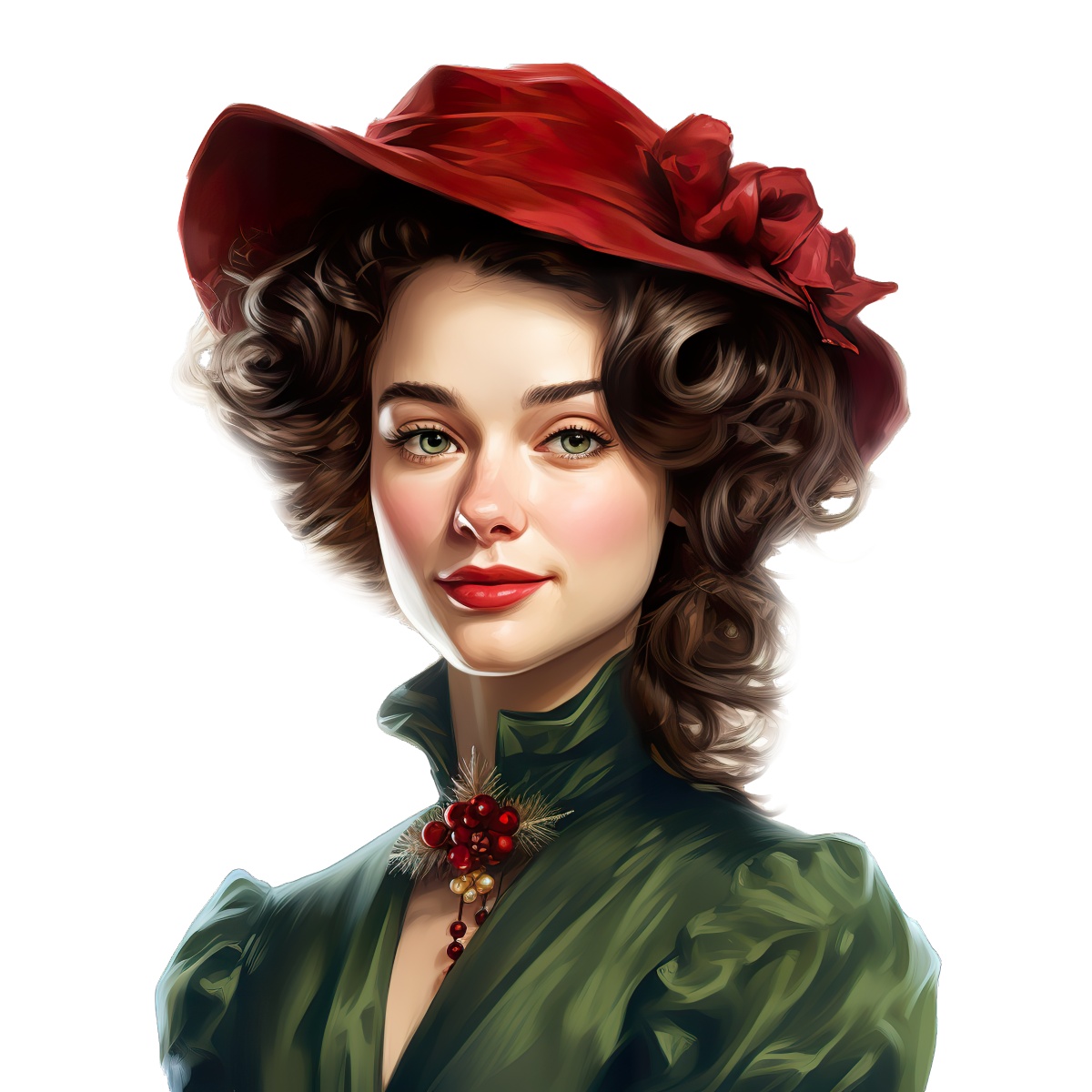 Portrait of a woman with curly hair in a red hat and green dress.