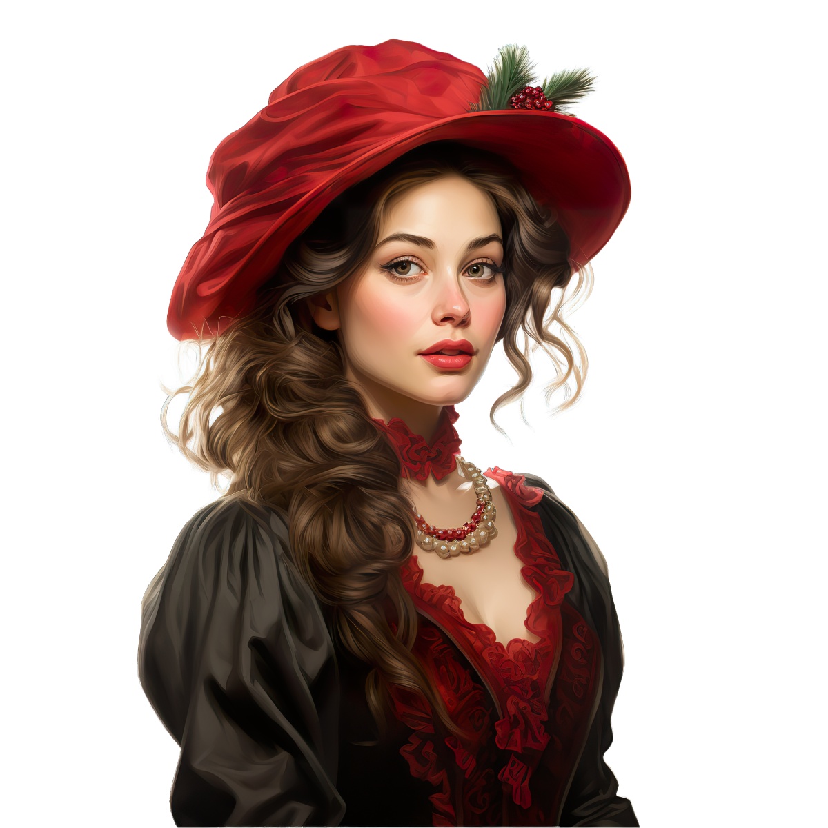 Woman with curly hair in red hat and vintage-style dress wearing a necklace.