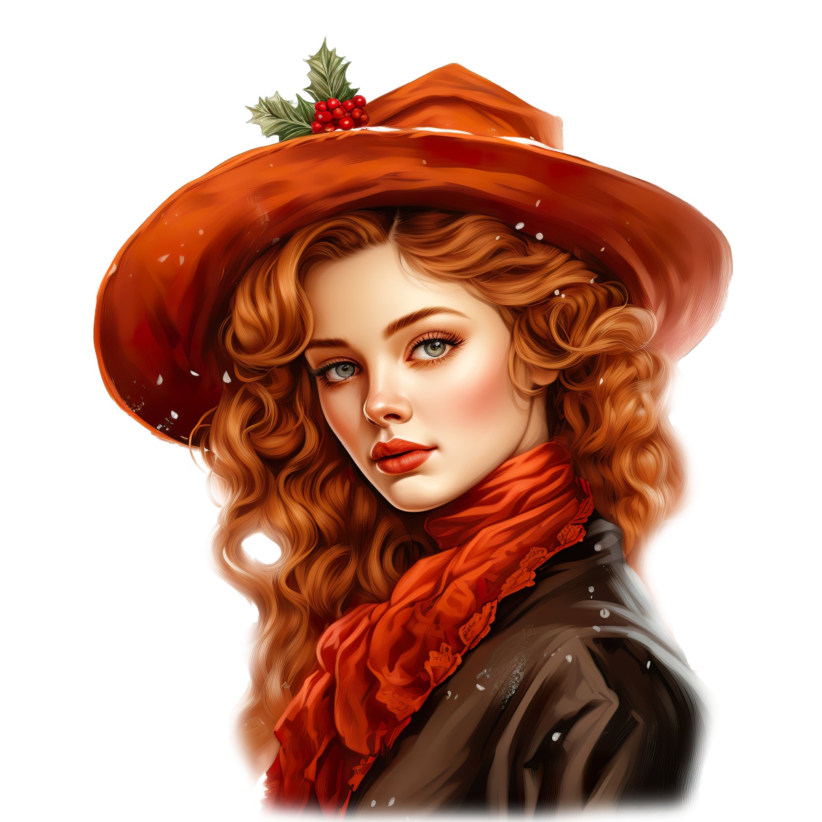 Woman with curly hair in a red hat with holly decoration.