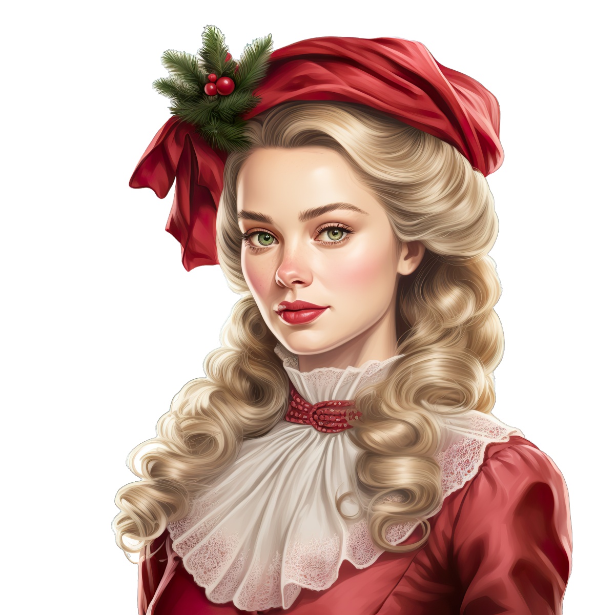 Woman with blonde curls and red holiday dress featuring a berry headpiece.