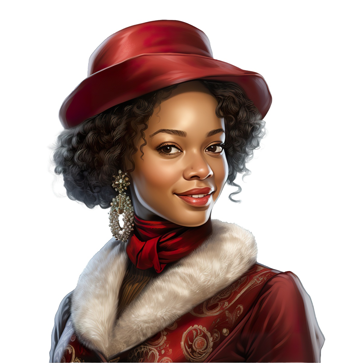 Woman in red hat and fur collar with elegant earrings, smiling.