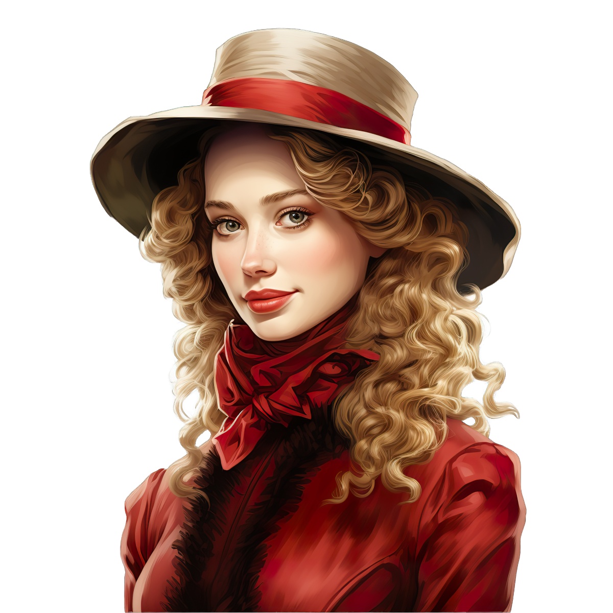 Woman in red outfit with scarf and wide-brimmed hat illustration.