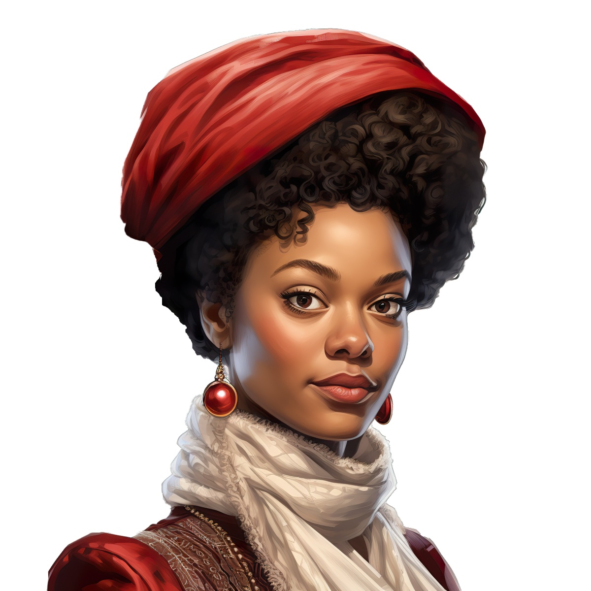 Woman wearing a red turban and scarf with bold earrings, curly hair styled.