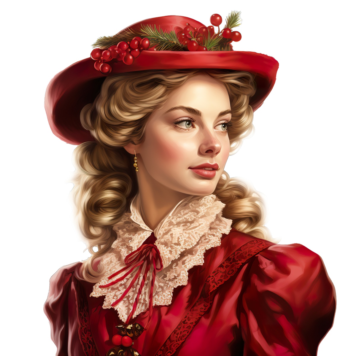 Woman in a red Victorian outfit and holiday-themed hat with lace detailing.