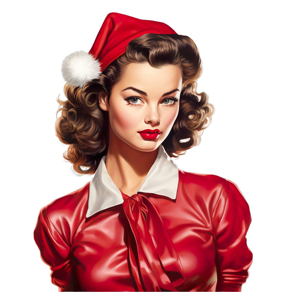 Woman in a red Santa hat and dress with a white collar, smiling.