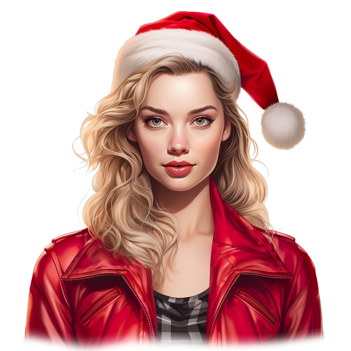 Illustration of a woman in a Santa hat and red jacket for Christmas.