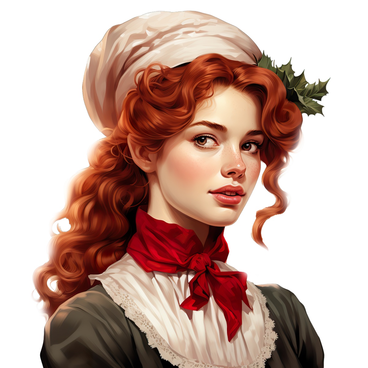 Woman with red hair and festive clothing including a red scarf and holly.