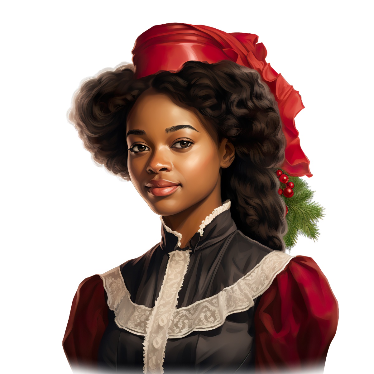 Woman in Victorian dress adorned with red holiday decorations and lace details.