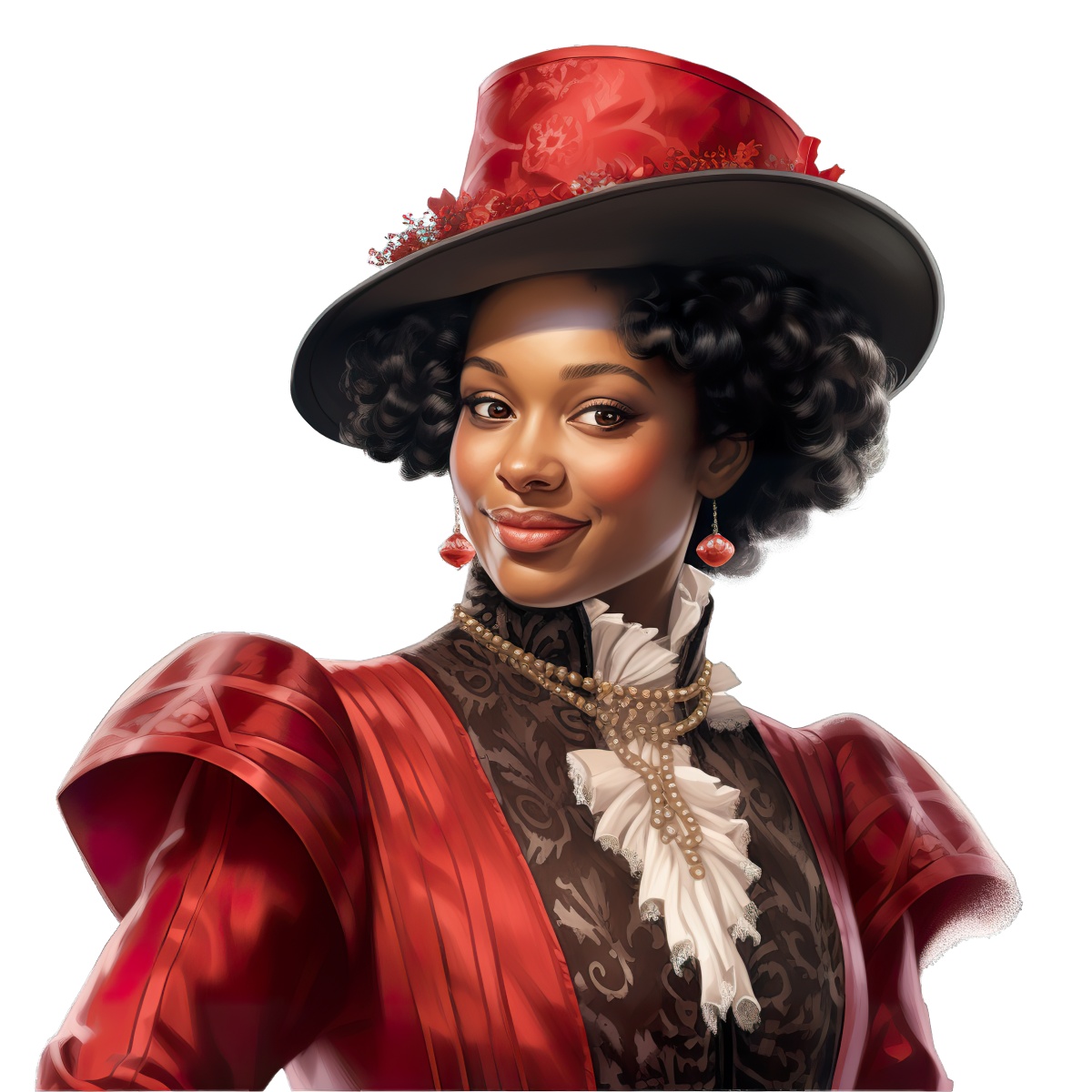Woman in Victorian-style attire with a red hat and elaborate jewelry.