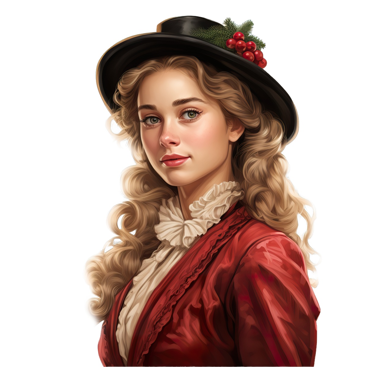 Woman wearing a red Victorian-style coat and black hat with holiday decorations.