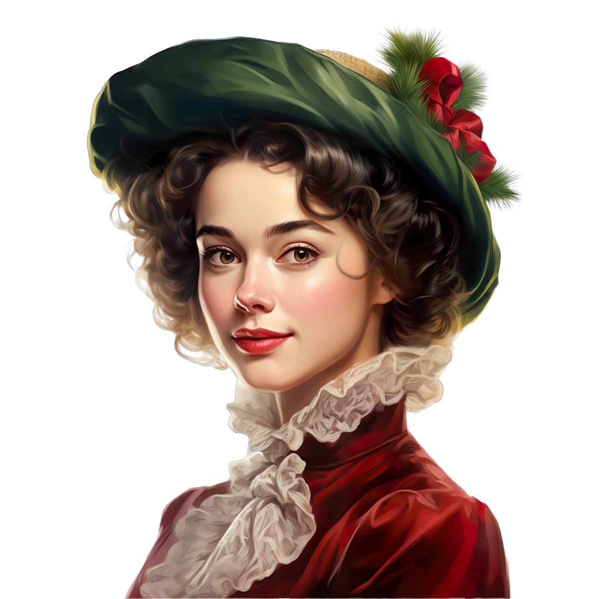 Woman in vintage attire with a green hat and red dress, portrait style.
