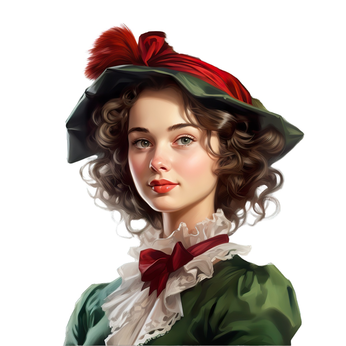 Woman in vintage green dress with a red feathered hat and lace collar.