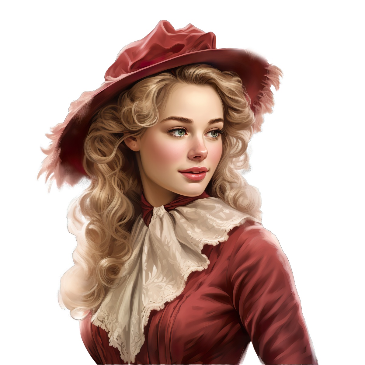 Woman wearing a vintage Victorian outfit with red hat and curly hair.