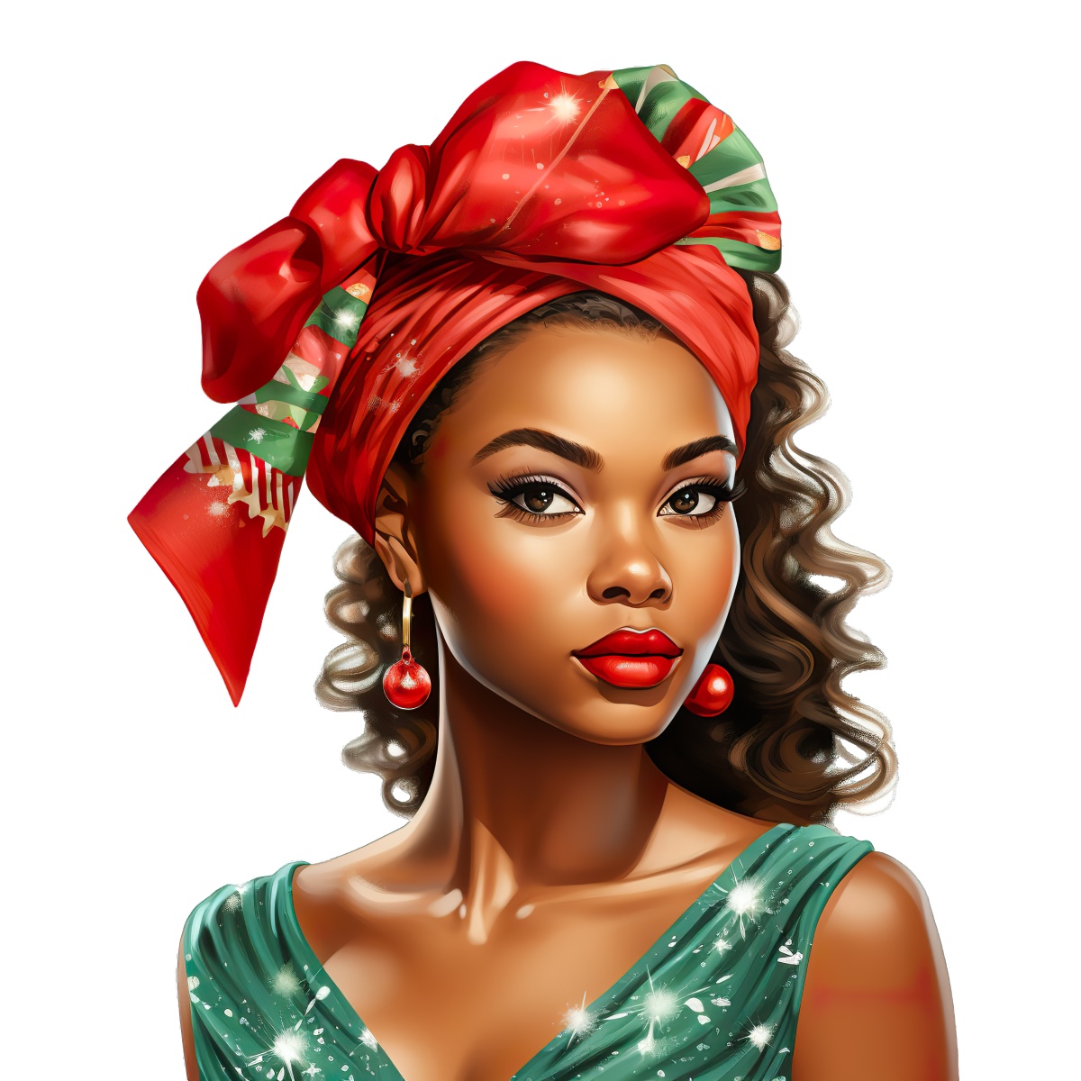 Woman in red headscarf and green dress, holiday-themed illustration.