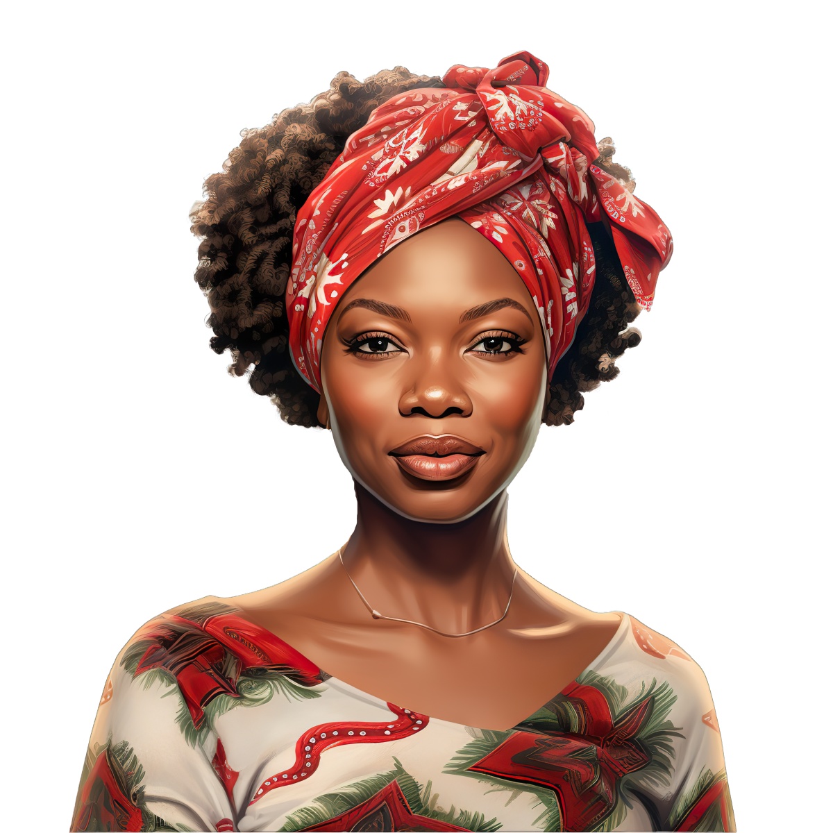 Woman with curly hair wearing a red patterned headscarf on black background.