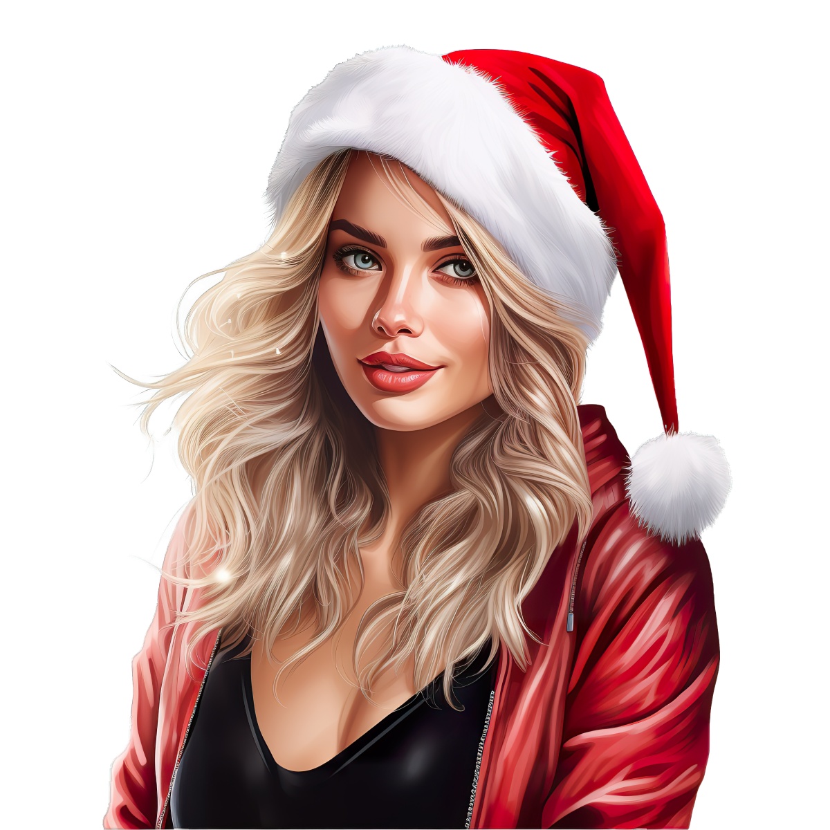 Woman with blonde hair wearing a Santa hat and red jacket.