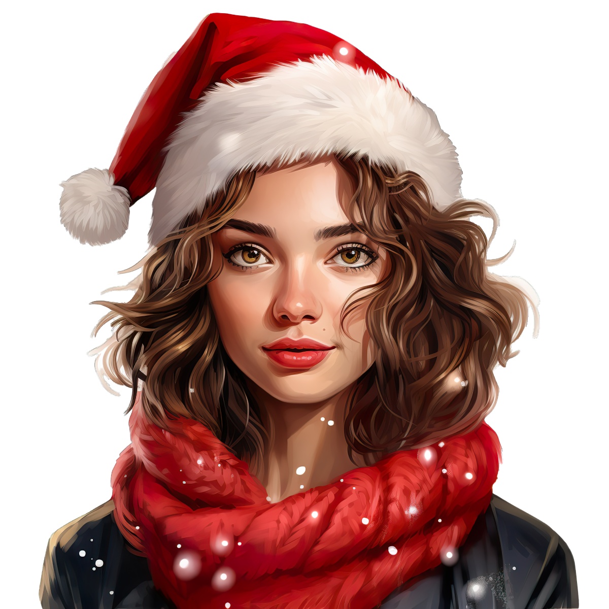 Woman wearing a Santa hat and red scarf with festive holiday elements.