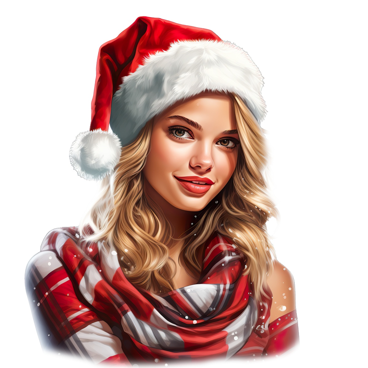 Woman wearing a Santa hat and red scarf with falling snowflakes.