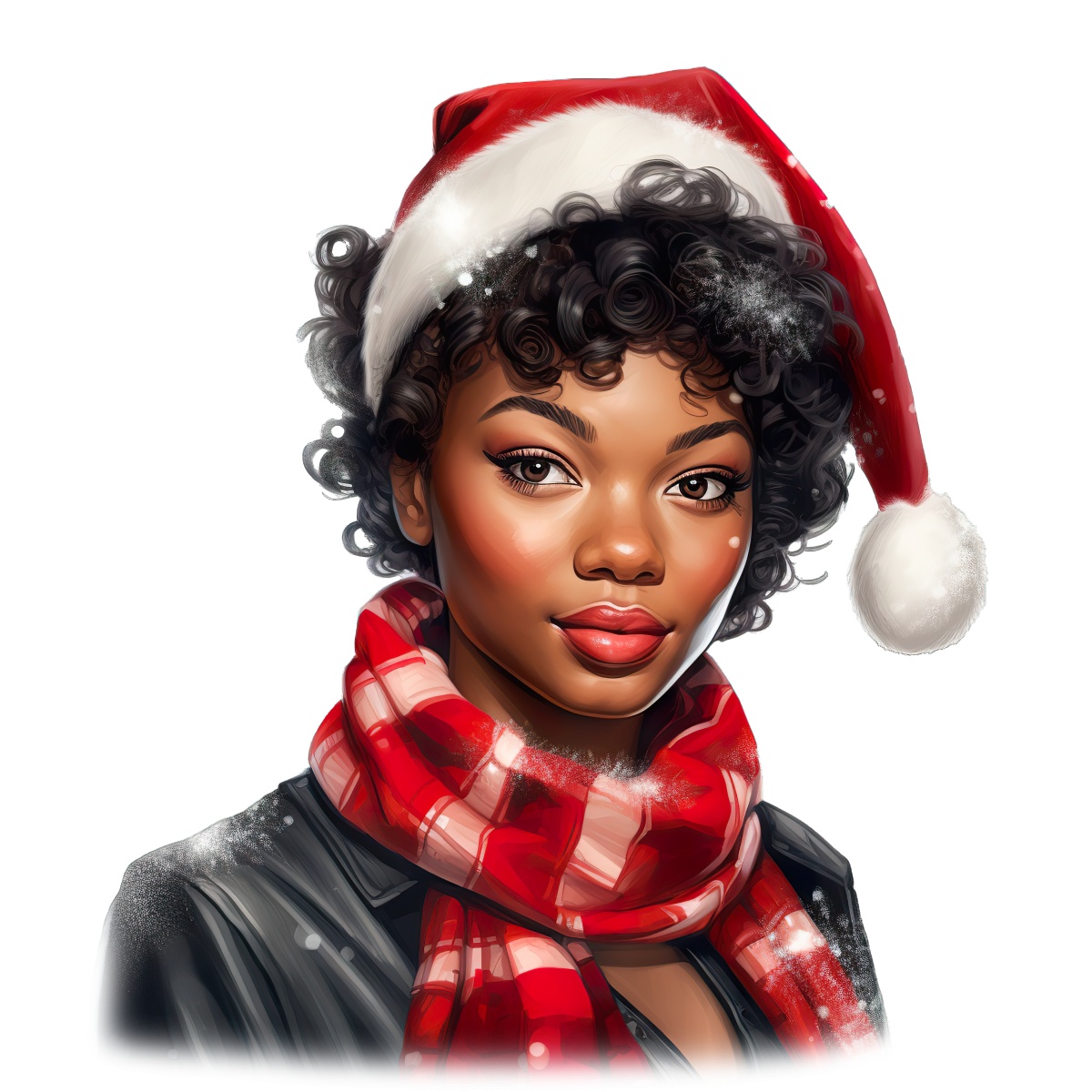 Woman in Santa hat and red scarf celebrating the Christmas season.