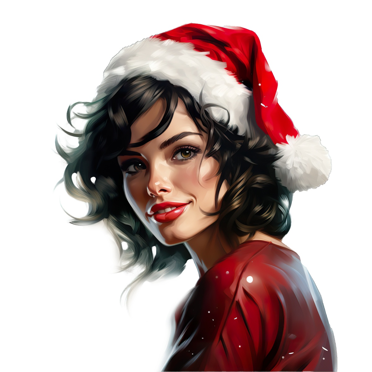 Illustration of a woman with a Santa hat in a festive red outfit.