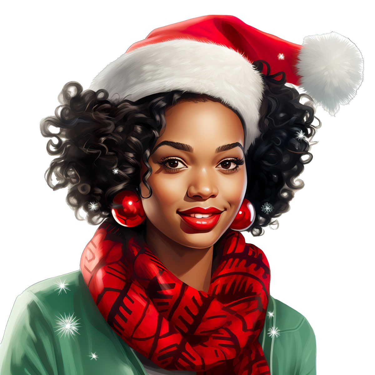 Woman with curly hair wearing a Santa hat and red scarf for Christmas.
