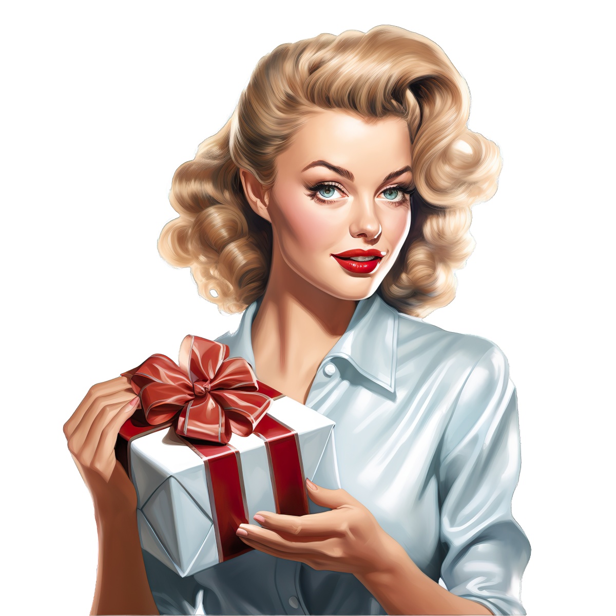 Woman with blonde hair holding a gift box wrapped with red ribbon.