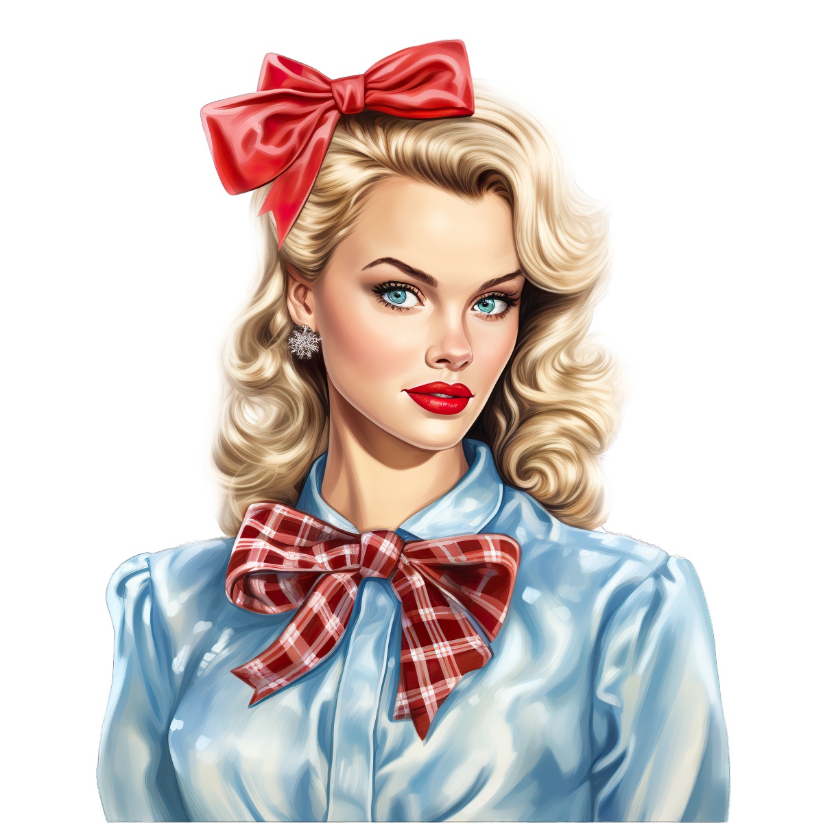 Blonde woman with a red bow and plaid shirt, facing forward.