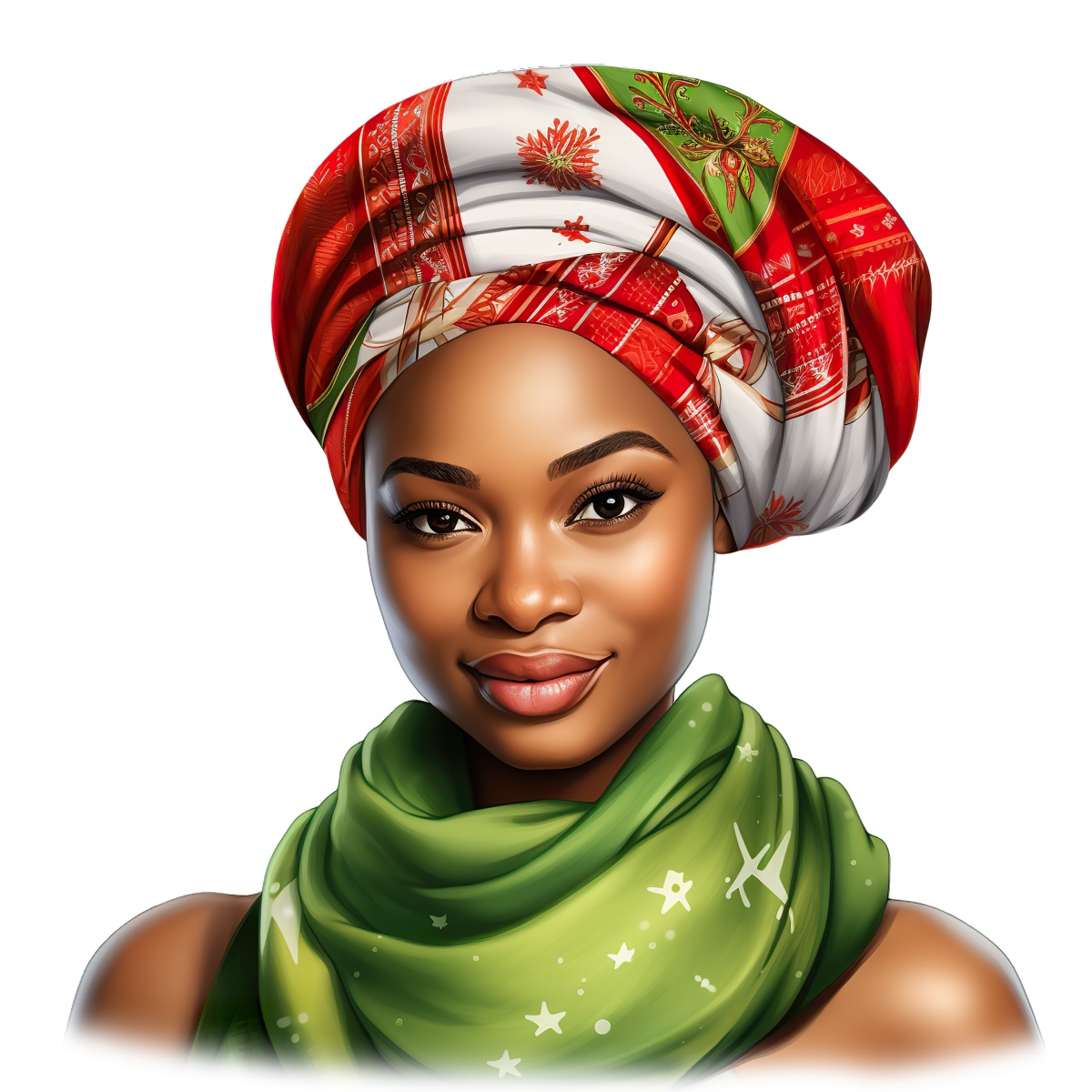 Woman in a colorful headwrap and festive scarf, showcasing fashion accessories.