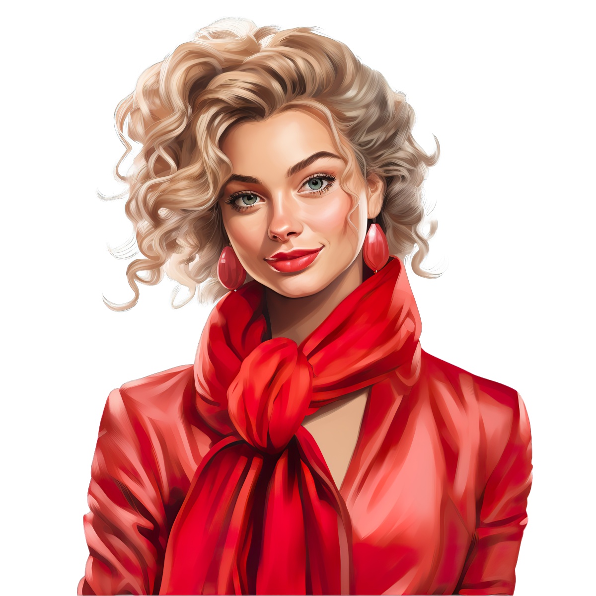 Woman with curly hair dressed in red with a matching scarf.