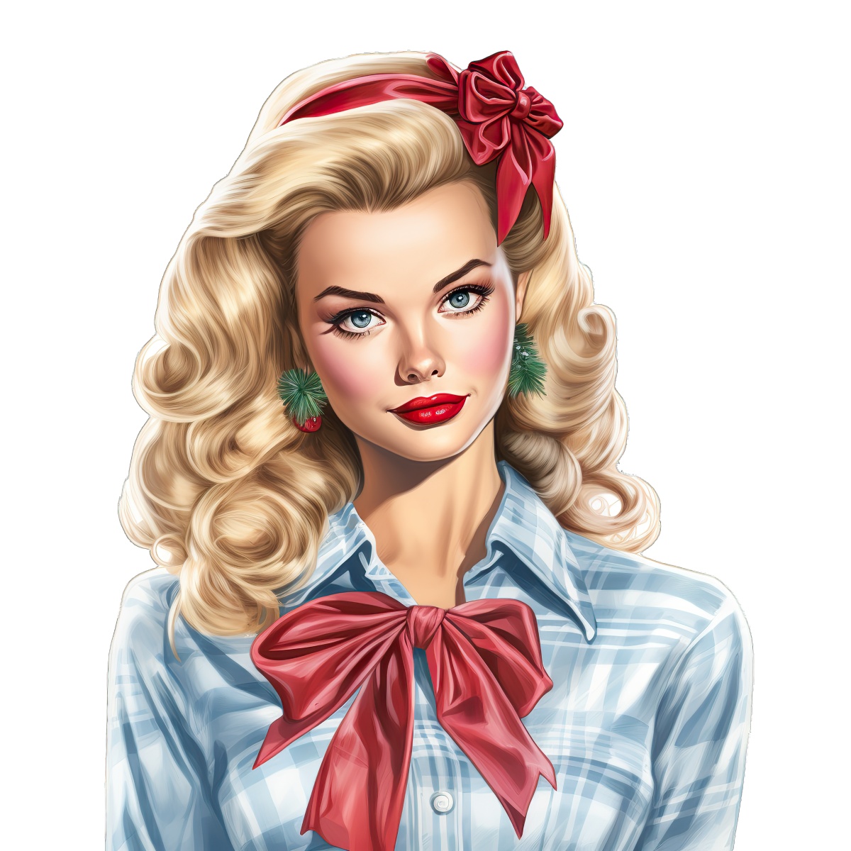 Portrait of a woman with a red bow and Christmas earrings against a plain background.