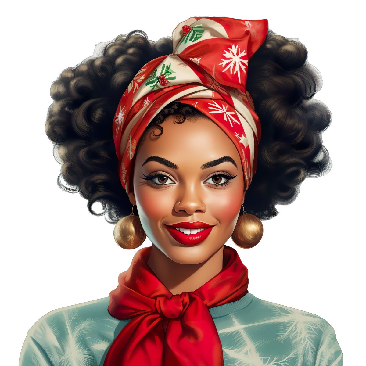 Woman wearing a holiday-themed red headscarf and earrings, smiling.