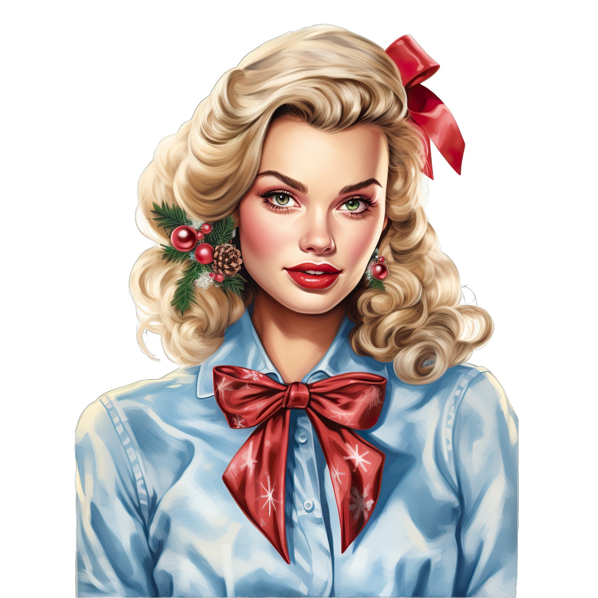 Woman with blonde hair, red bow, and Christmas decorations wearing a blue shirt.