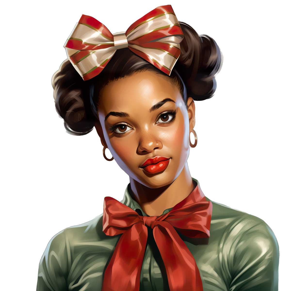 Portrait of a woman wearing a large red and gold bow and a green dress.