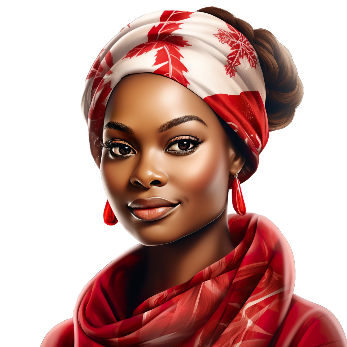 Woman wearing a red and white patterned headscarf with matching earrings and scarf.