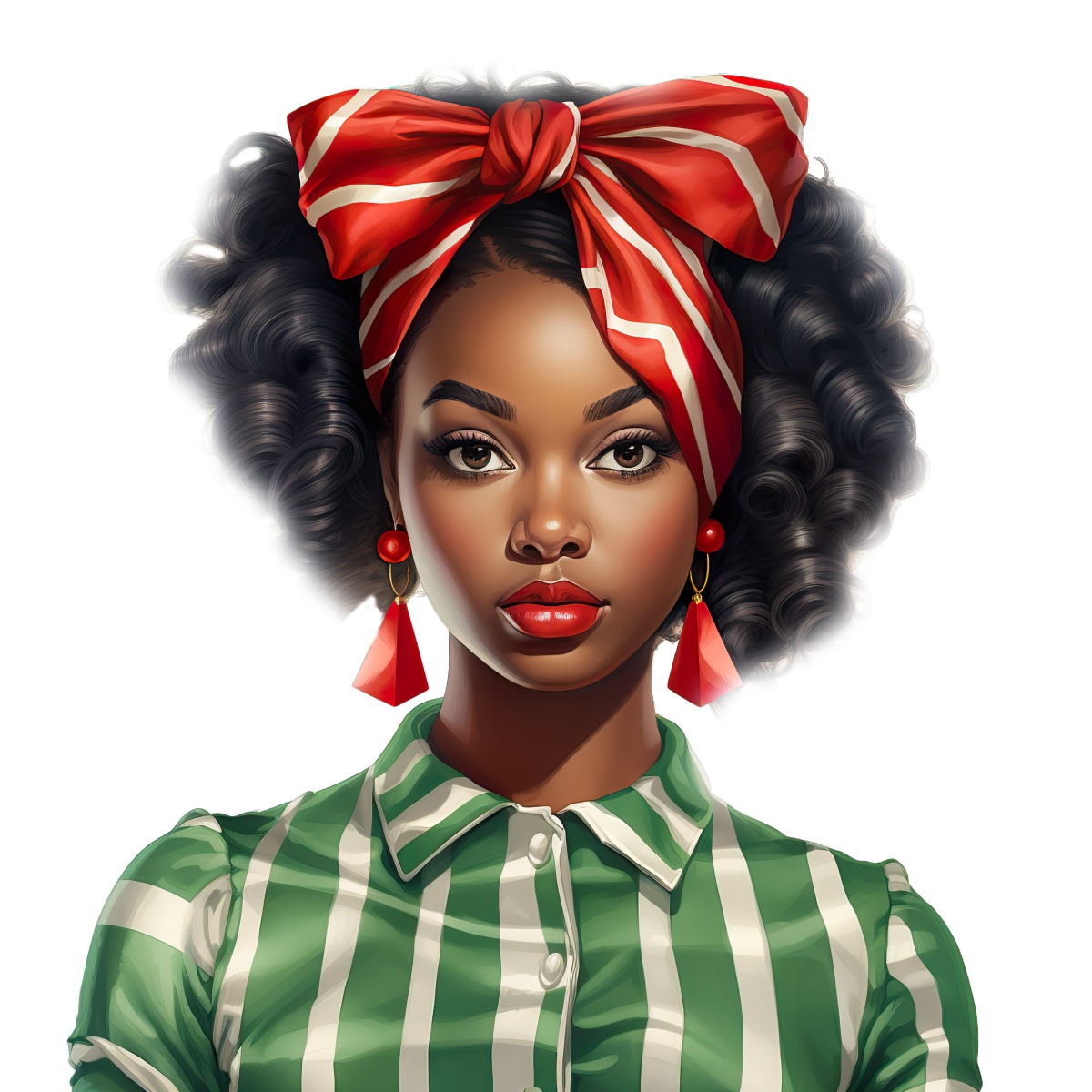 Illustration of a woman wearing a red bow with a striped green shirt.