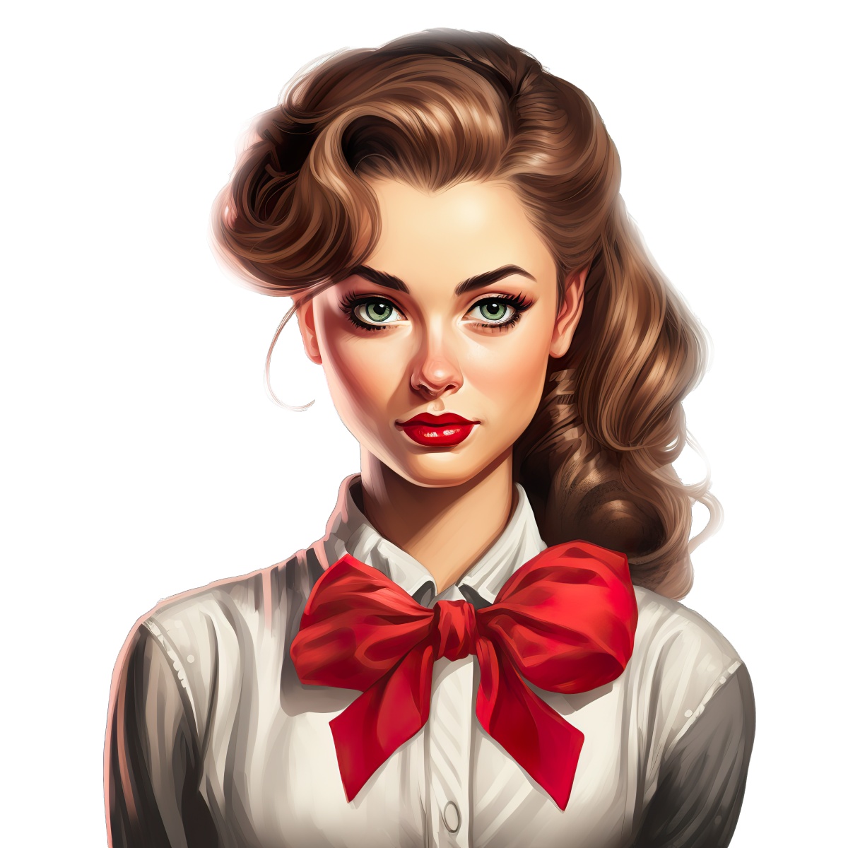Illustration of a woman with a vintage hairstyle and red bow in a white shirt.