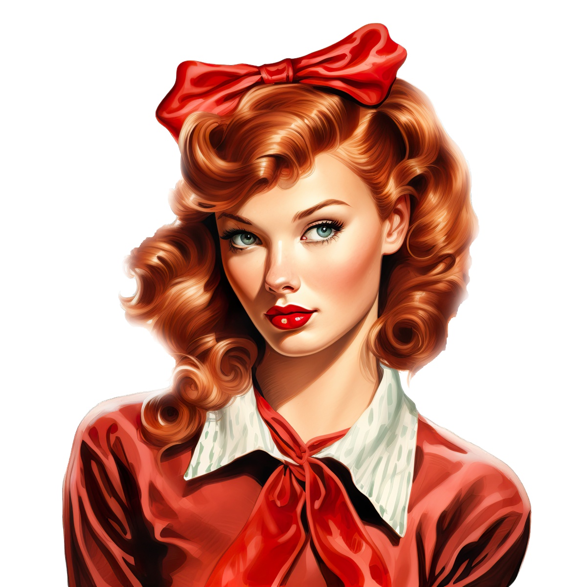 Woman with curly red hair and red bow wearing a vintage outfit.