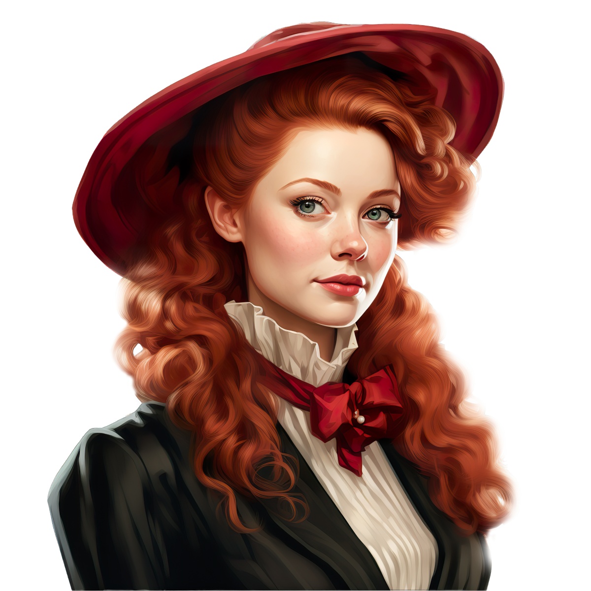 Woman with red hair wearing a large red hat and black outfit.