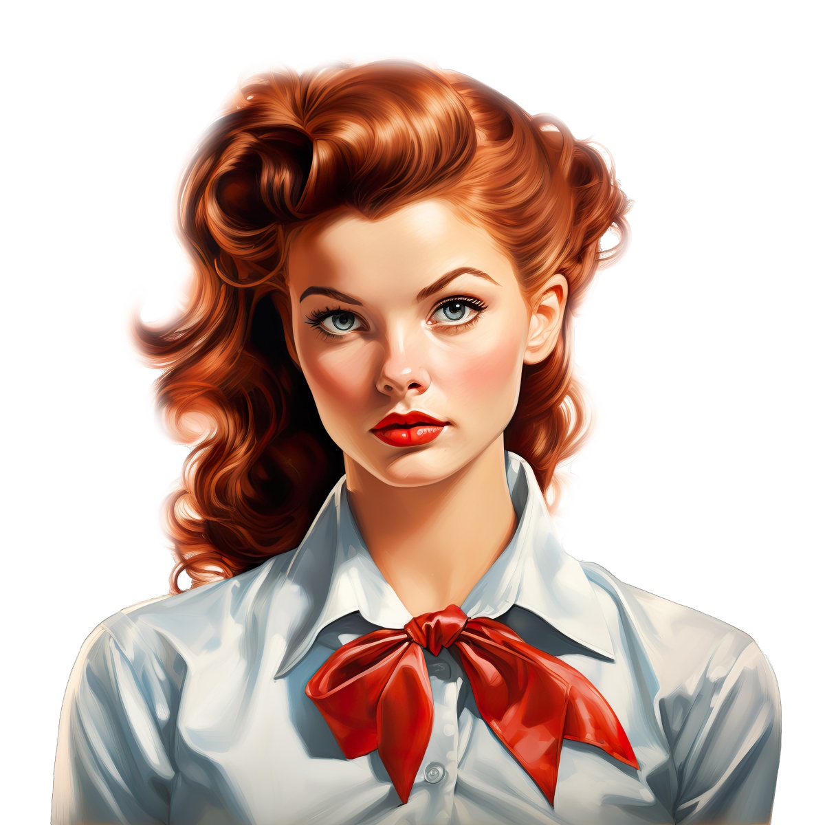 Red-haired woman with vintage curls and a red bow tie on a black background.