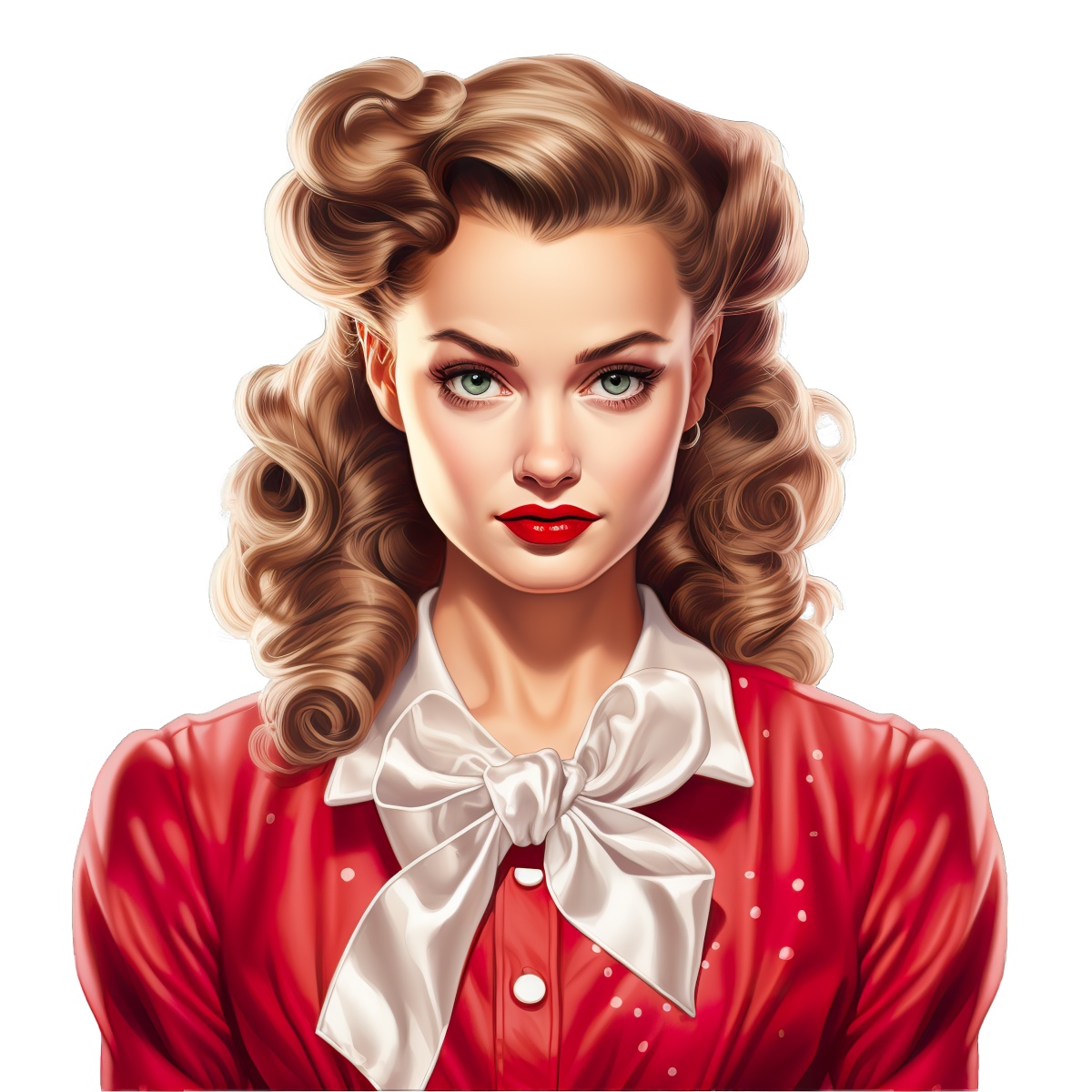 Woman with vintage hairstyle in red outfit with white bow, portrait illustration.
