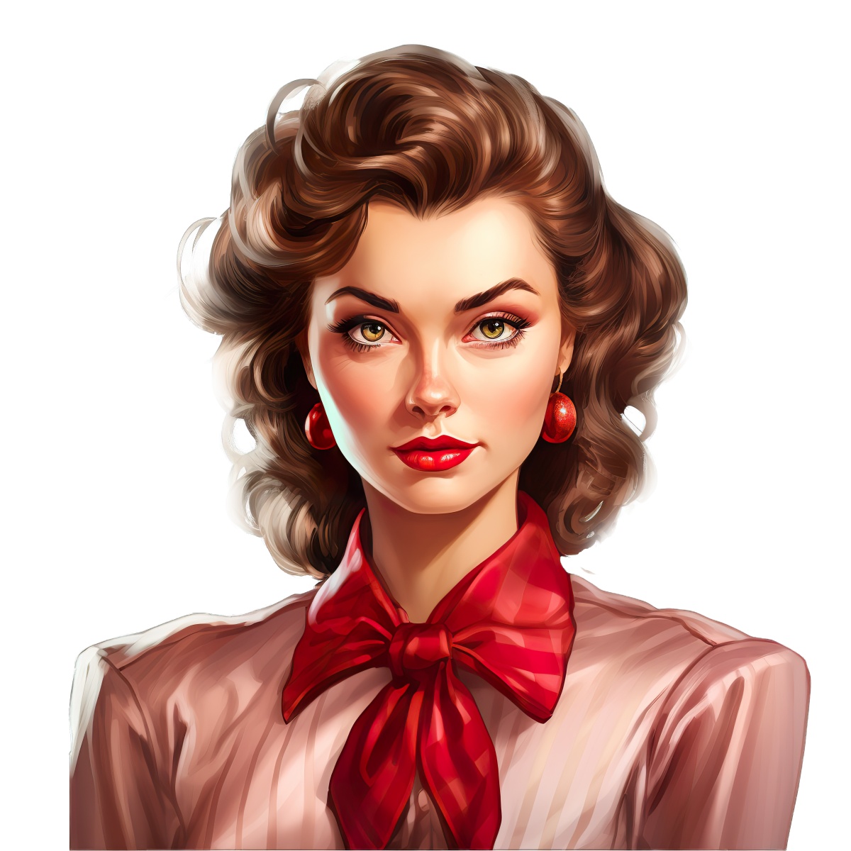 Woman with vintage hairstyle and red accessories on plain background.