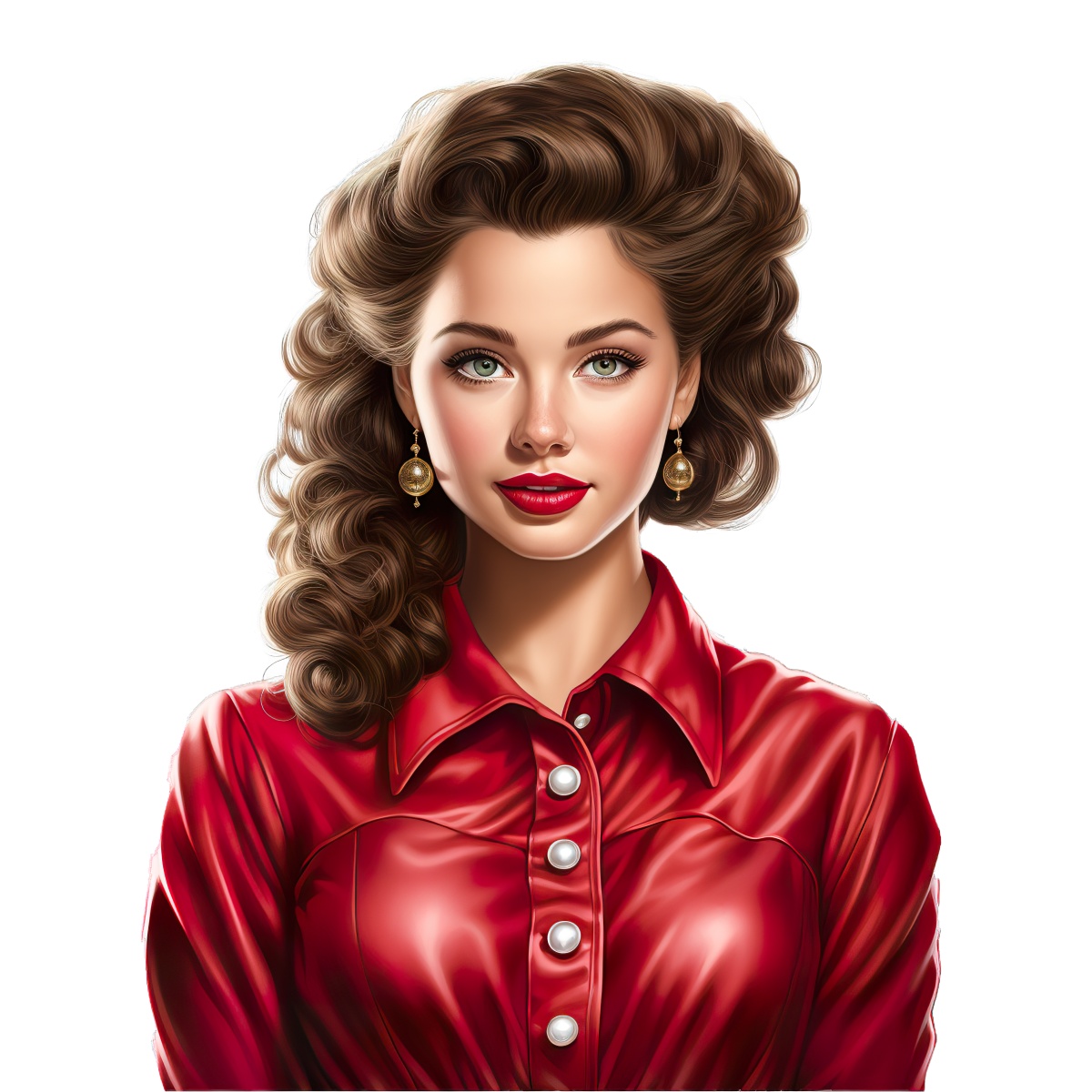 Illustration of a woman with vintage hairstyle, red dress, and pearl earrings.