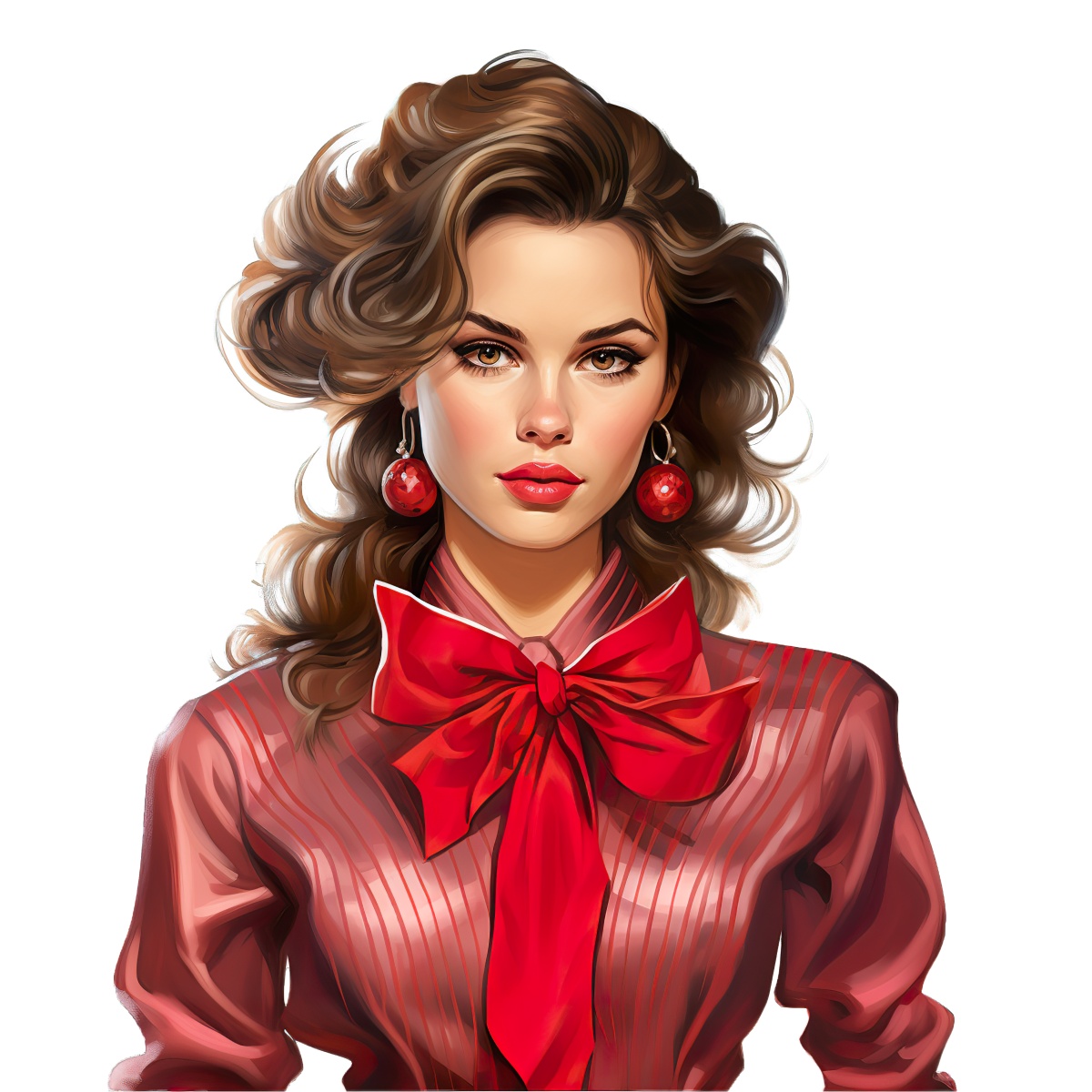 Woman with wavy hair, wearing red earrings and a bow tie.