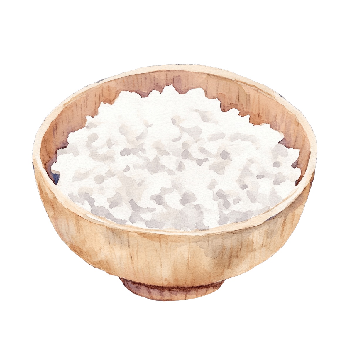 Wooden bowl filled with steamed white rice in watercolor style.